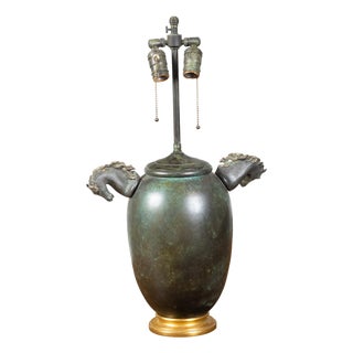 Midcentury English Verdigris Bronze Two-Light Table Lamp with Horse Heads For Sale