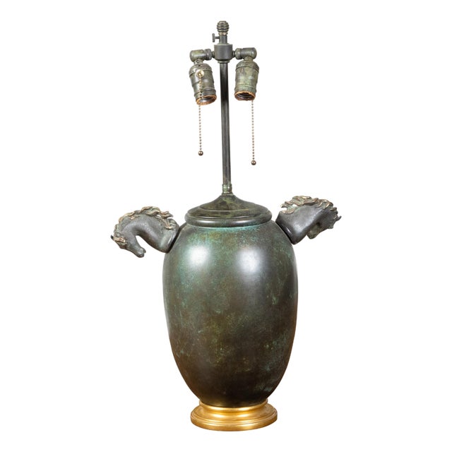 Midcentury English Verdigris Bronze Two-Light Table Lamp with Horse Heads For Sale