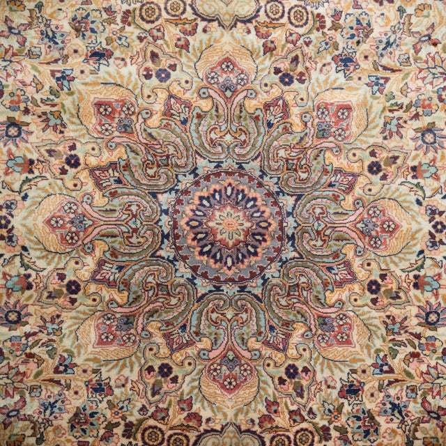 Large Vintage Persian Floral Area Rug in Ivory and Navy, 1950s For Sale - Image 4 of 7
