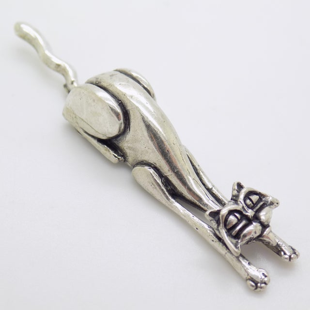 Italian Vintage Italian Handmade Genuine Silver Stretching Cat Figurine Miniature For Sale - Image 3 of 9