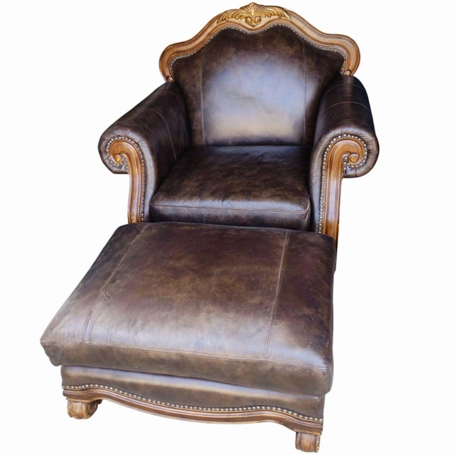 2010s Indulge in the Rich Heritage and Exquisite Craftsmanship of the Aria Leather Chair and Ottoman Set. For Sale - Image 5 of 12