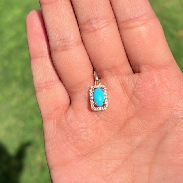 Mid-Century Modern Art Deco Cabochon Oval Turquoise Diamond Halo Pendant in 14k Yellow Gold For Sale - Image 3 of 13