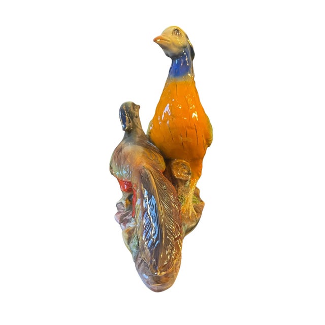 Ceramic Vintage Large Italian Colorful Glazed Porcelain Pheasant Couple Sculpture For Sale - Image 7 of 13