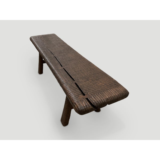 2010s Andrianna Shamaris Impressive Hand Carved Espresso Stained Teak Wood Bench For Sale - Image 5 of 18