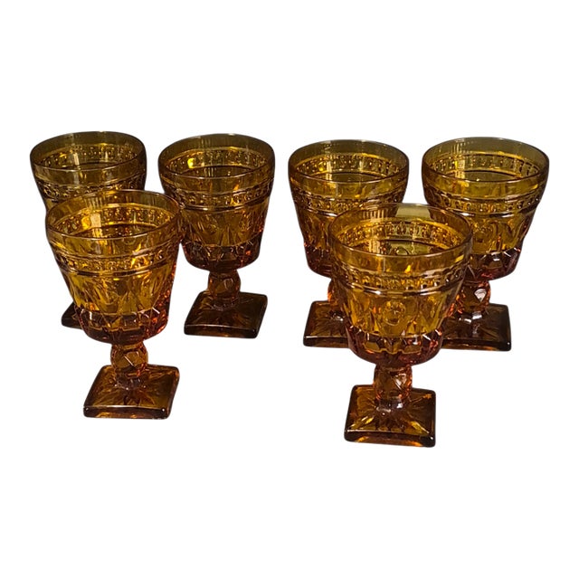 Vintage Six Ornate Indiana Amber Glass Wine Goblets Glasses For Sale