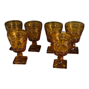 Vintage Six Ornate Indiana Amber Glass Wine Goblets Glasses