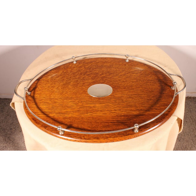 Silver-Plated Metal and Oak Tray, 19th Century For Sale - Image 4 of 11