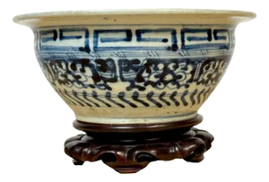 Shipwreck Qing Dynasty, Geometric Pattern Blue & White Bowl & Later Wood Stand - a Pair