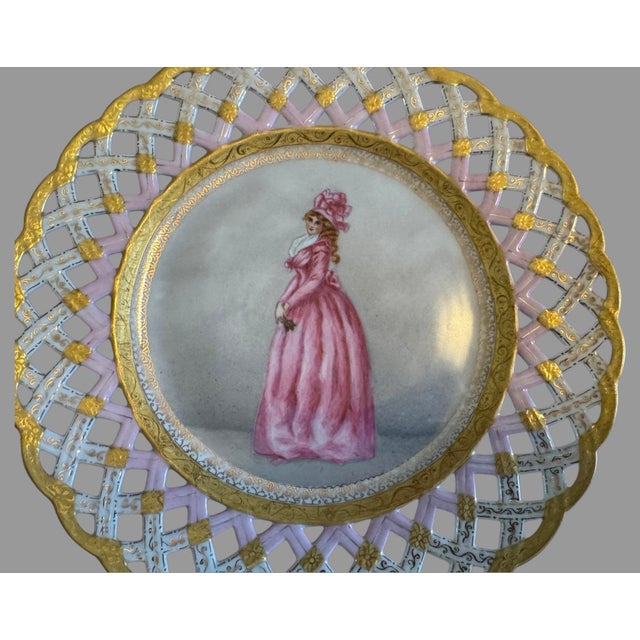 Antique French Victorian 9" Hand Painted Gilt Decorated Portrait Plate Maiden in a Pink Dress A fine quality Victorian...