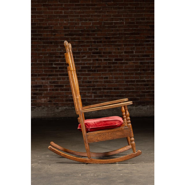 Antique Wooden Rocking Chair With Red Cushion For Sale - Image 4 of 10
