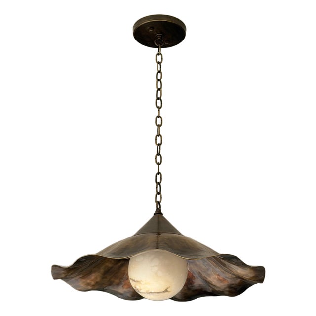 Ruffle Brass Pendant Light, Wavy Kitchen Island Lamp With Alabaster Globe For Sale