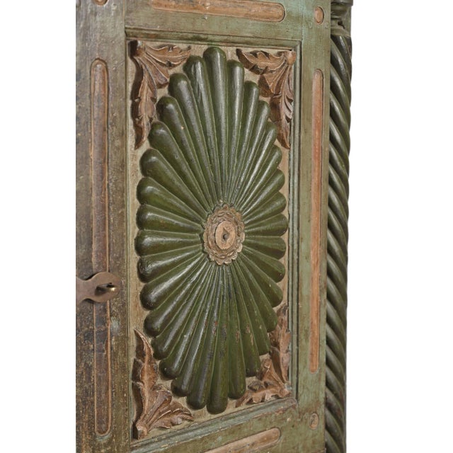 Antique Indian Carved and Painted Teakwood Armoire, in its original untouched condition, exuberantly carved doors, rope...
