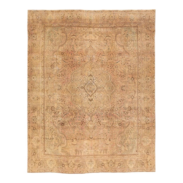 Beige Vintage Persian Handmade Medallion Wool Rug For Sale