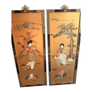 Vintage 34” Hong Kong Mother of Pearl Shell Inlay Asian Lady Wall Plaques Gold Chinoiserie – Pair For Sale