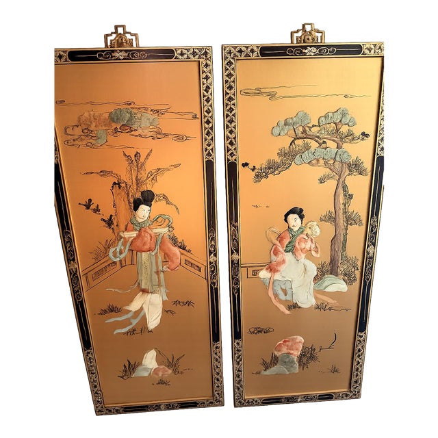 Vintage 34” Hong Kong Mother of Pearl Shell Inlay Asian Lady Wall Plaques Gold Chinoiserie – Pair For Sale