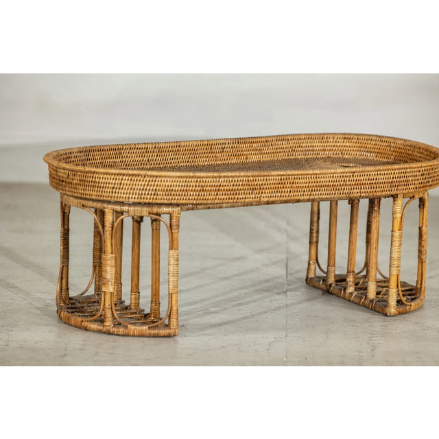 Vintage Rattan Oval Tray Top Table or Coffee Table with Raised Edge For Sale - Image 10 of 12