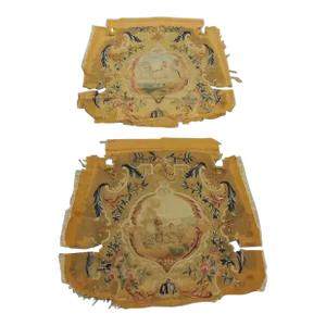 Antique Yellow & Red Aubusson Tapestry Chair Seat Covers - Set of 2