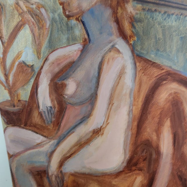 Expressive mid-century modern figurative painting depicting a seated female nude, rendered in warm earth tones with loose,...