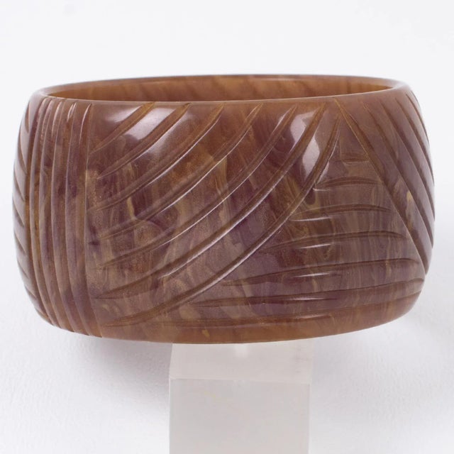 Oversized Bakelite Carved Purple Stardust Marble Bracelet Bangle For Sale - Image 4 of 5