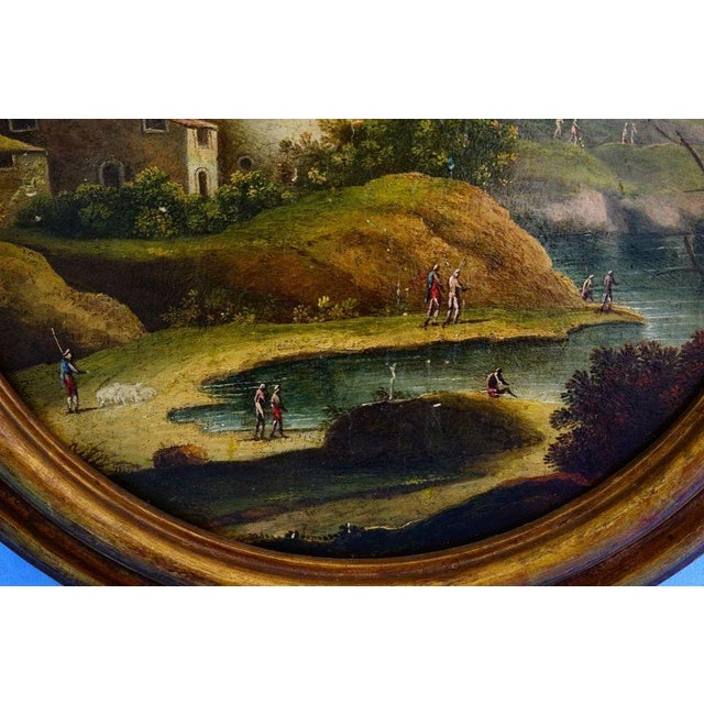 Lake Landscape, 18th Century, Oil Painting on Circular Panel, Framed For Sale - Image 7 of 14