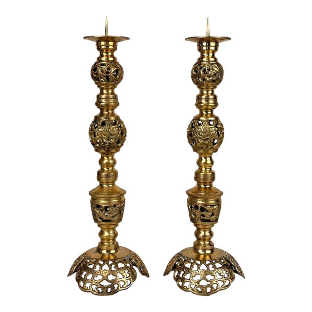 Vintage 15" Chinese Brass Dragon Motif Mantle Candlestick Holders - A Pair For Sale
