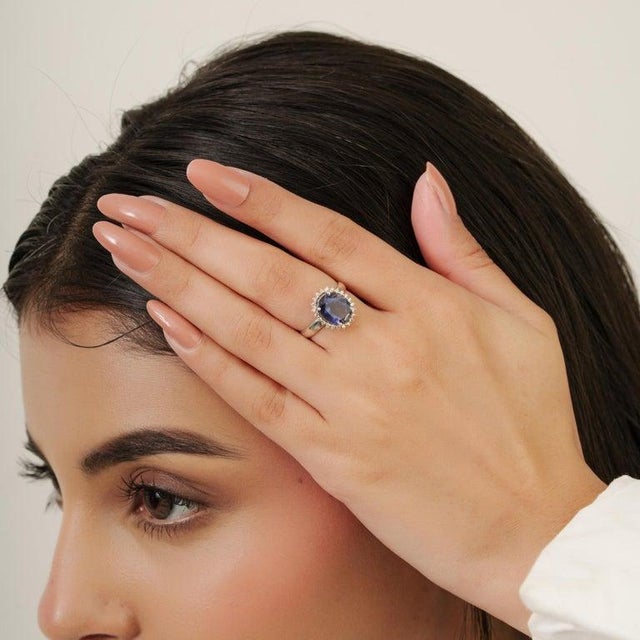 Lavender Antique Iolite Halo Ring With Diamond Accents in 925 Sterling Silver - Size 8.5 For Sale - Image 8 of 11