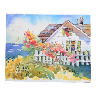 Original Joyce Hicks Watercolor, Signed & Dated 2003, Coastal Cottage Landscape For Sale