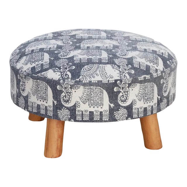 Blue & White Elephant Dhurrie Ottoman Stool For Sale