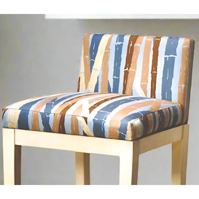 Mid-Century Modern Pair | Large Vintage Wooden Bar Stools With Bamboo Fabric For Sale - Image 3 of 7