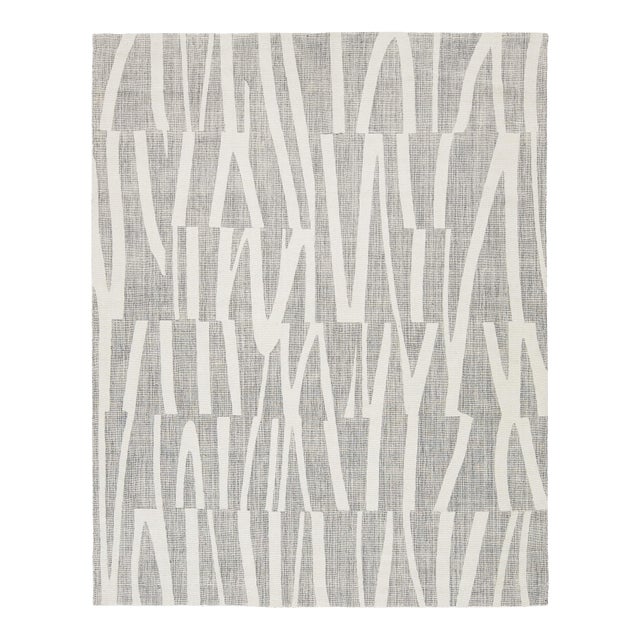8x10 Abstract Geometric Modern Flatweave Rug - Hand-Knotted Ivory & Slate Wool For Sale