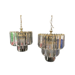 Mid 20th Century Italian Mid-Century Modern Three Tiered Clear Lucite Waterfall Chandeliers - A Pair For Sale