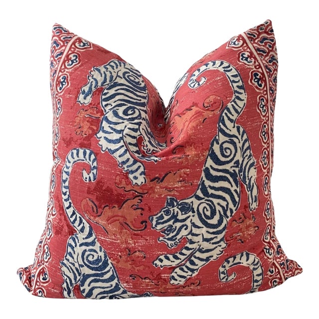 Red and Navy Embroidered Bengal Tiger Pillow For Sale