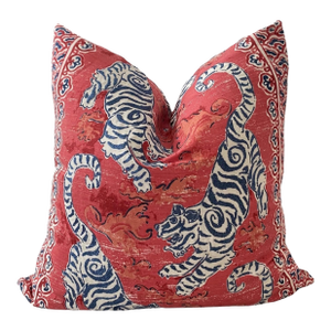 Red and Navy Embroidered Bengal Tiger Pillow