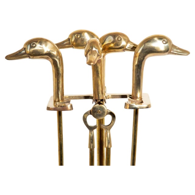 Vintage French Solid Brass Duck Head Fireplace Tool Set, Maison Jansen Style, 19 For Sale In Palm Springs - Image 6 of 17