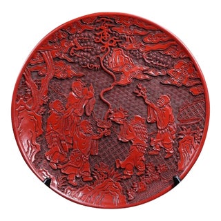 Late 20th Century Carved Cinnabar Lacquer Charger With Scholars and Pine Tree Scene For Sale