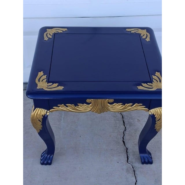Mid 20th Century Upcycled Hollywood Regency Navy Blue & Gold Gilded Clawfoot Side Table For Sale - Image 5 of 8