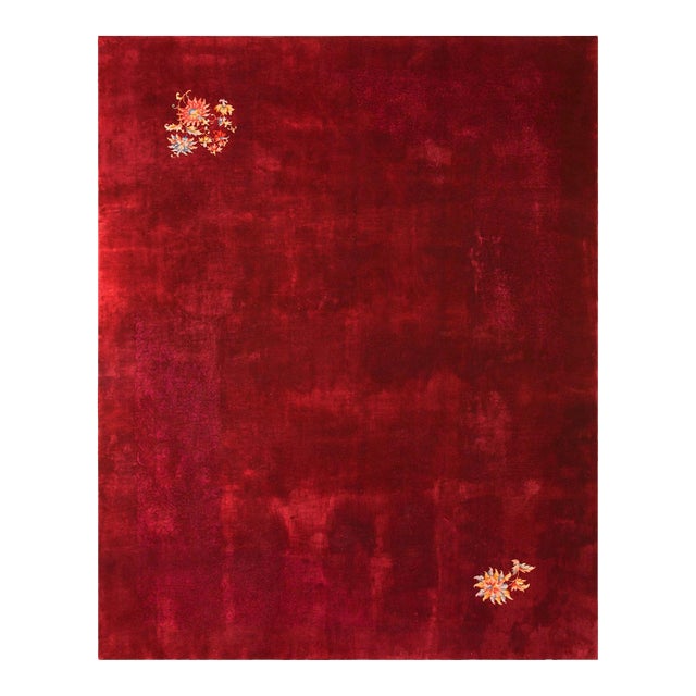 1920s Red Minimalist Antique Chinese Art Deco Rug 9' X 11'4" Handknotted Wool Carpet For Sale