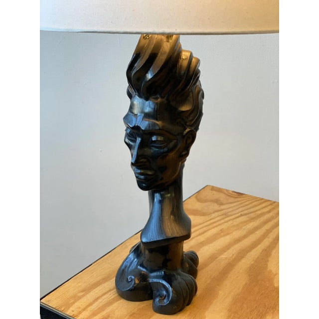 Yasha Heifetz Vintage Rare Stylized Hand-Carved Oak Male Bust Lamp, Circa 1950s For Sale - Image 4 of 13