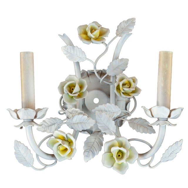 Mid 20th Century Electrified Wall Sconces With Ceramic Flowers & Metal Leaves; A Pair For Sale - Image 4 of 11