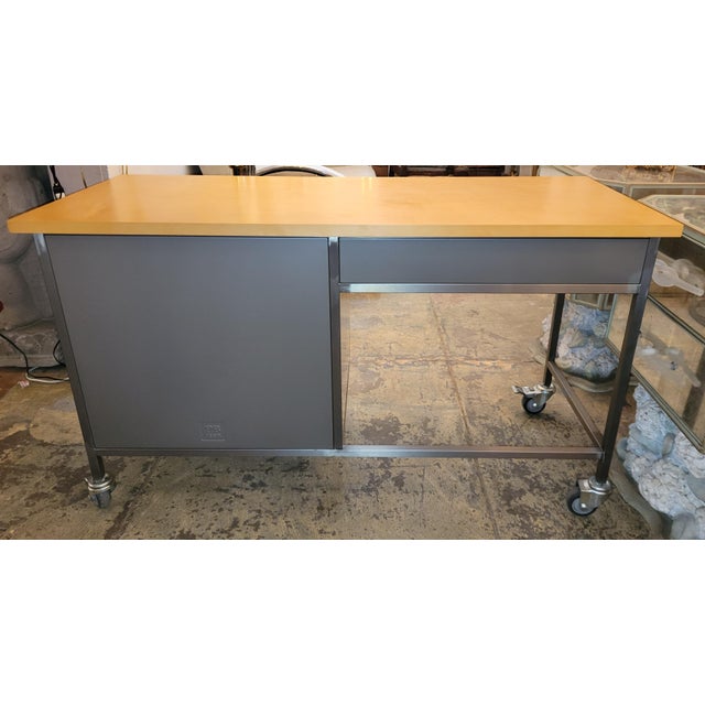 1990s Vintage Pottery Barn Three Drawer Metal Frame Wood Top Desk With Casters and Chair Chairish