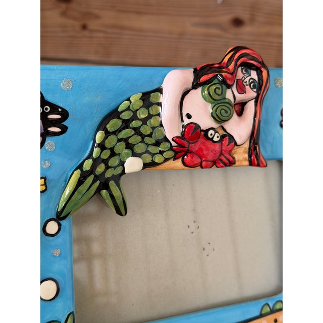 Ceramic Whimsical Coastal Mermaid Hand-Painted Ceramic Glazed Picture Frame For Sale - Image 7 of 8