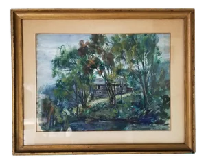1940s Impressionist Style Rural Landscape Oil Painting, Framed