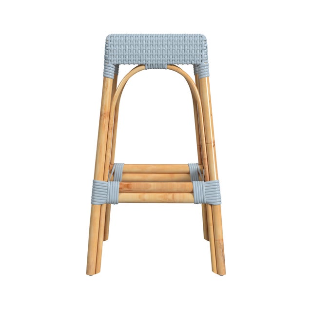 2020s Robias 30 in. Seat Height Rectangular Rattan Backless Bar Stool, Baby Blue/ Natural Rattan Frame For Sale - Image 5 of 7