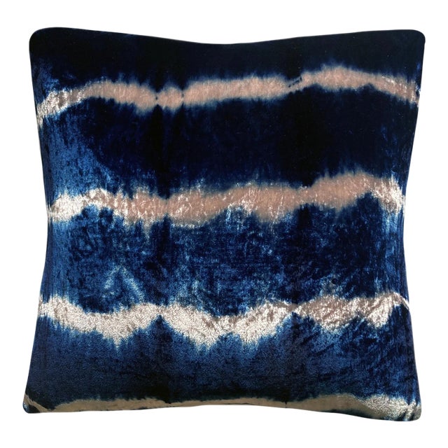 Rousseau Hand Dyed Silk Velvet Pillow, Rose Pink & Indigo Blue Stripe Abstract Pattern For Sale