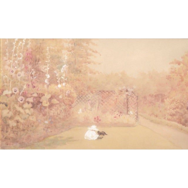 Restrained landscape with a child playing with a cat by an unknown artist. Although nearly monochromatic, there is...