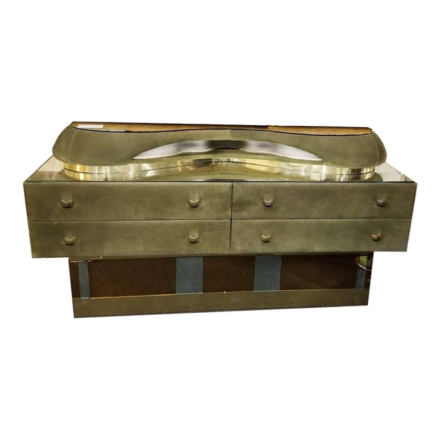 1980s Italian Modern Mirrored Top Lighted Suede Dresser For Sale