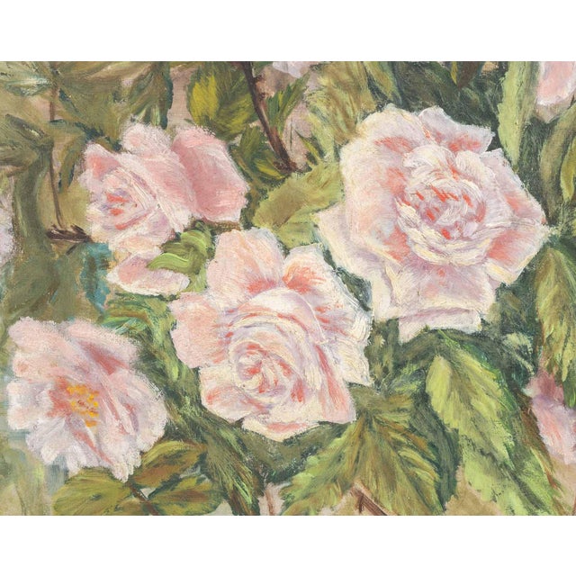 American School, Scene of Pink Rose Flowers, Oil on Canvas Panel, unsigned, blue painted wood frame. Image: 8.5" H x 11.5"...