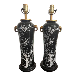 1970s Chinoiserie Black and White Cherry Blossom Large 20" Lamps With Gold Elephant Head Rings - a P
