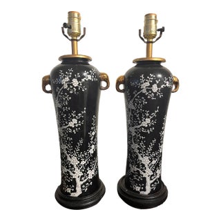 1970s Chinoiserie Black and White Cherry Blossom Tall Lamps With Gold Elephant Head Rings - A Pair For Sale