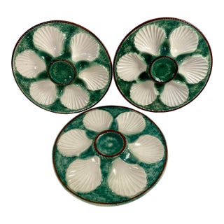 Antique French Majolica Green & White Oyster Plates- Set of 3 For Sale
